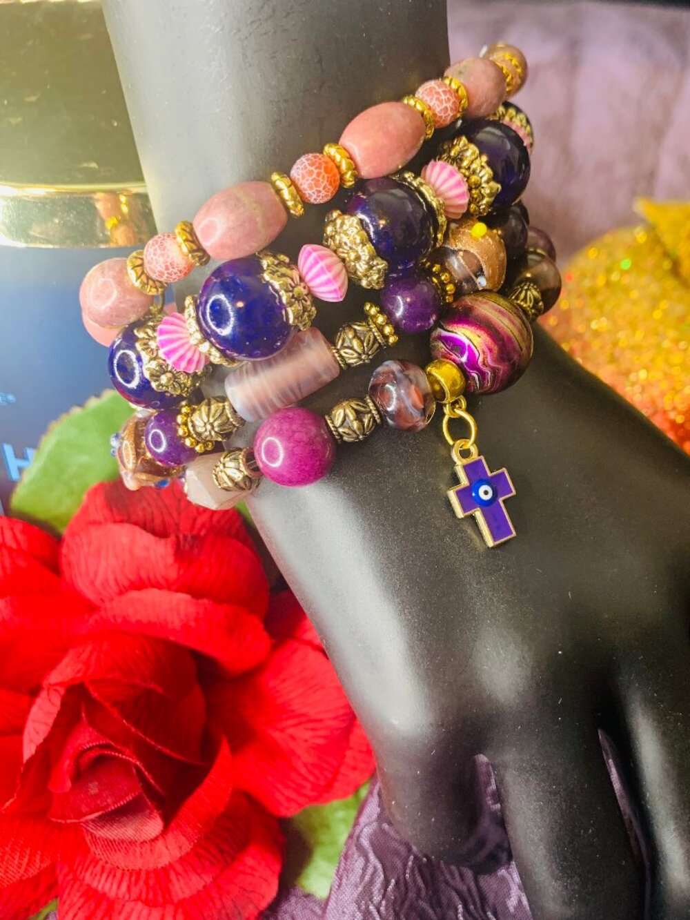 Evil Eye Charm, Amethyst, Rhodonite, Crackled Fire Agate & Glass Bracelet Set